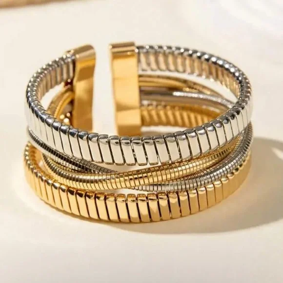 Stunning Modern Gold & Silver Double Layered Cuff Bracelet - Picture 5 of 6